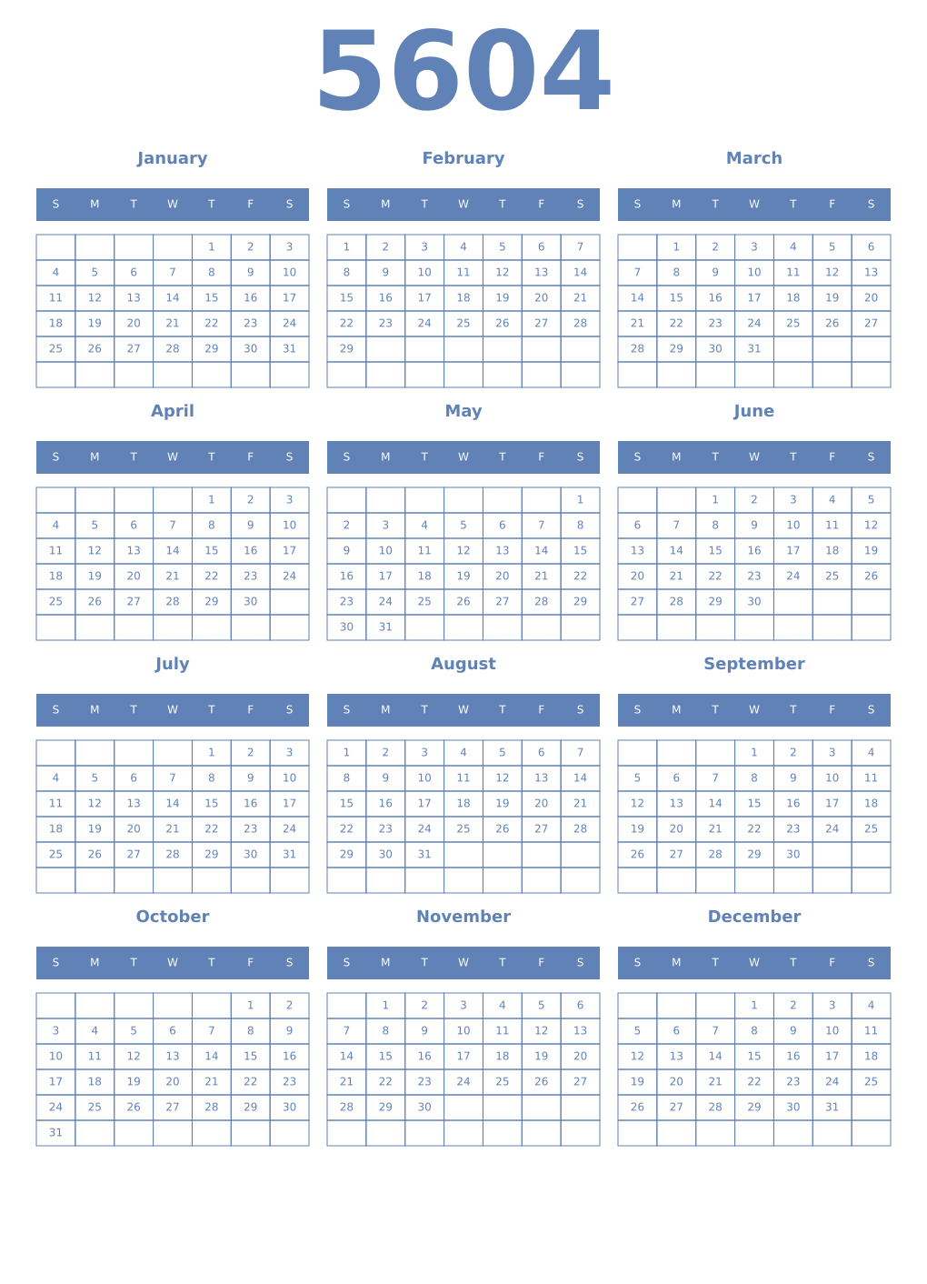 Printable 5604 Year Calendars glaucous