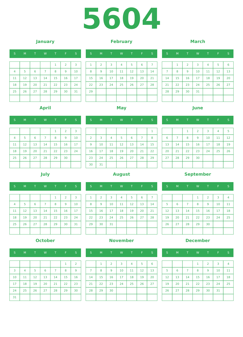 Printable 5604 Year Calendars green