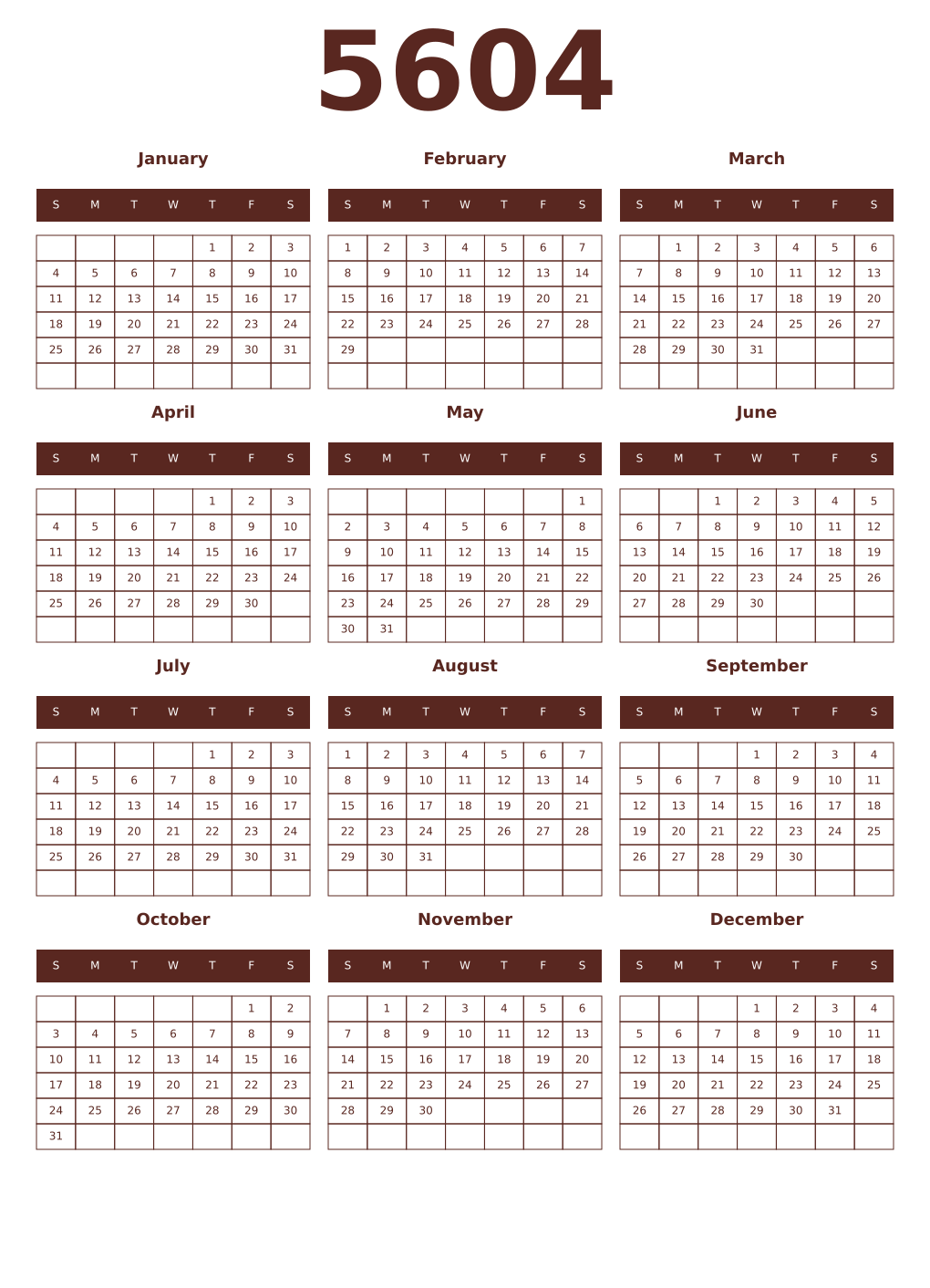 Printable 5604 Year Calendars mortuum