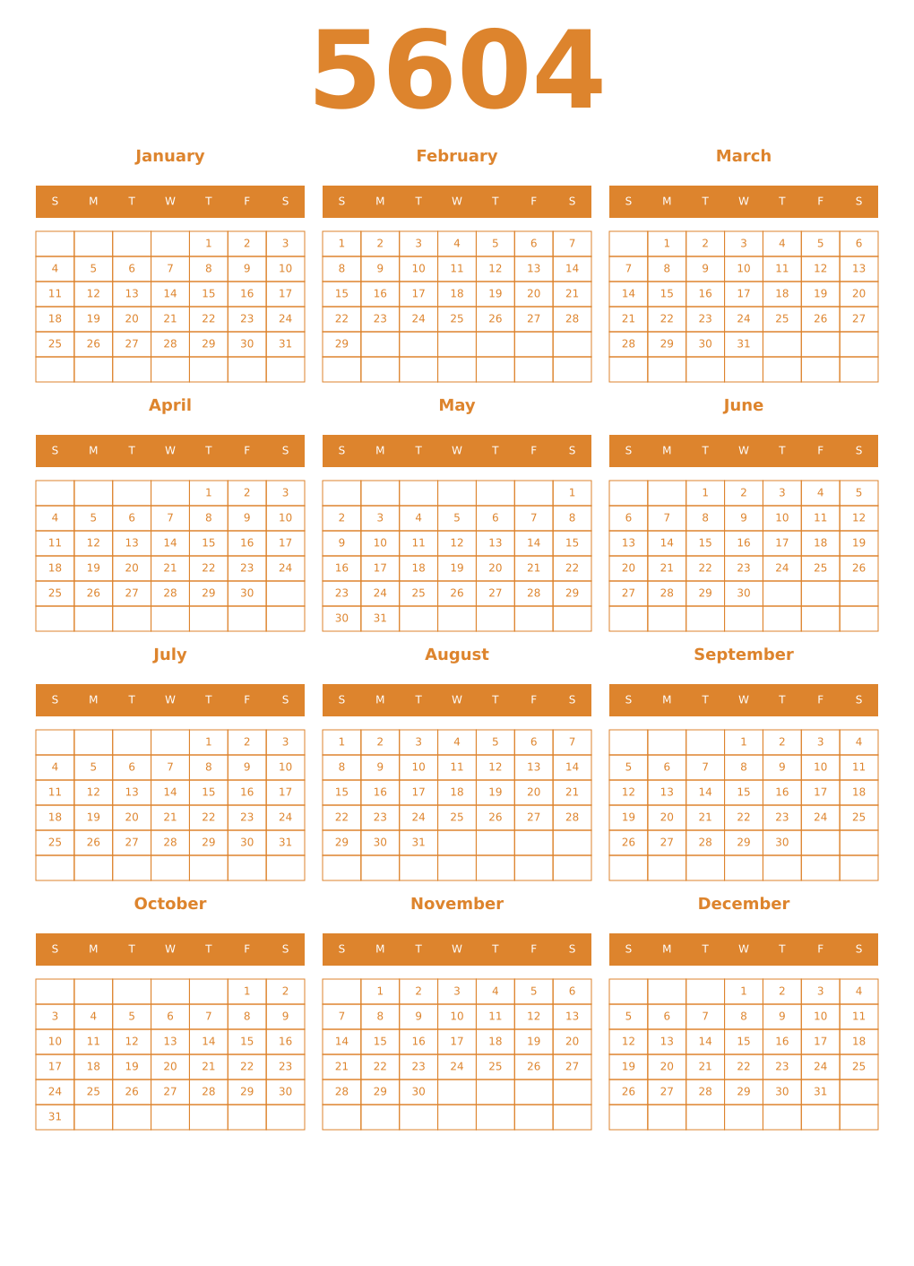 Printable 5604 Year Calendars orange