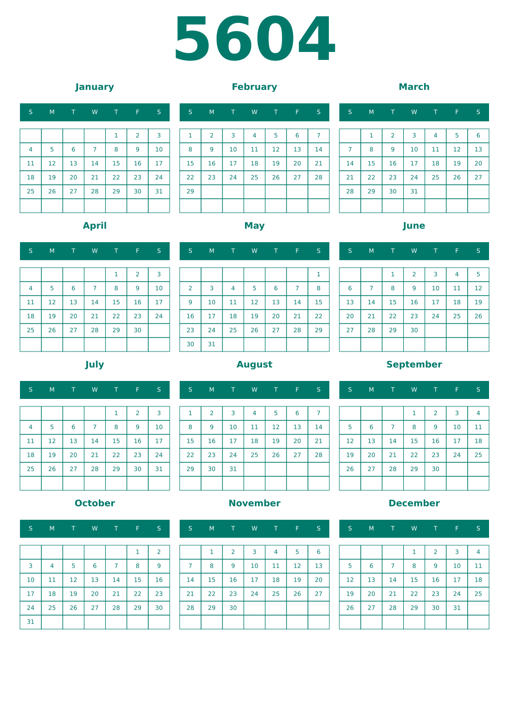 Printable 5604 Year Calendars pastel