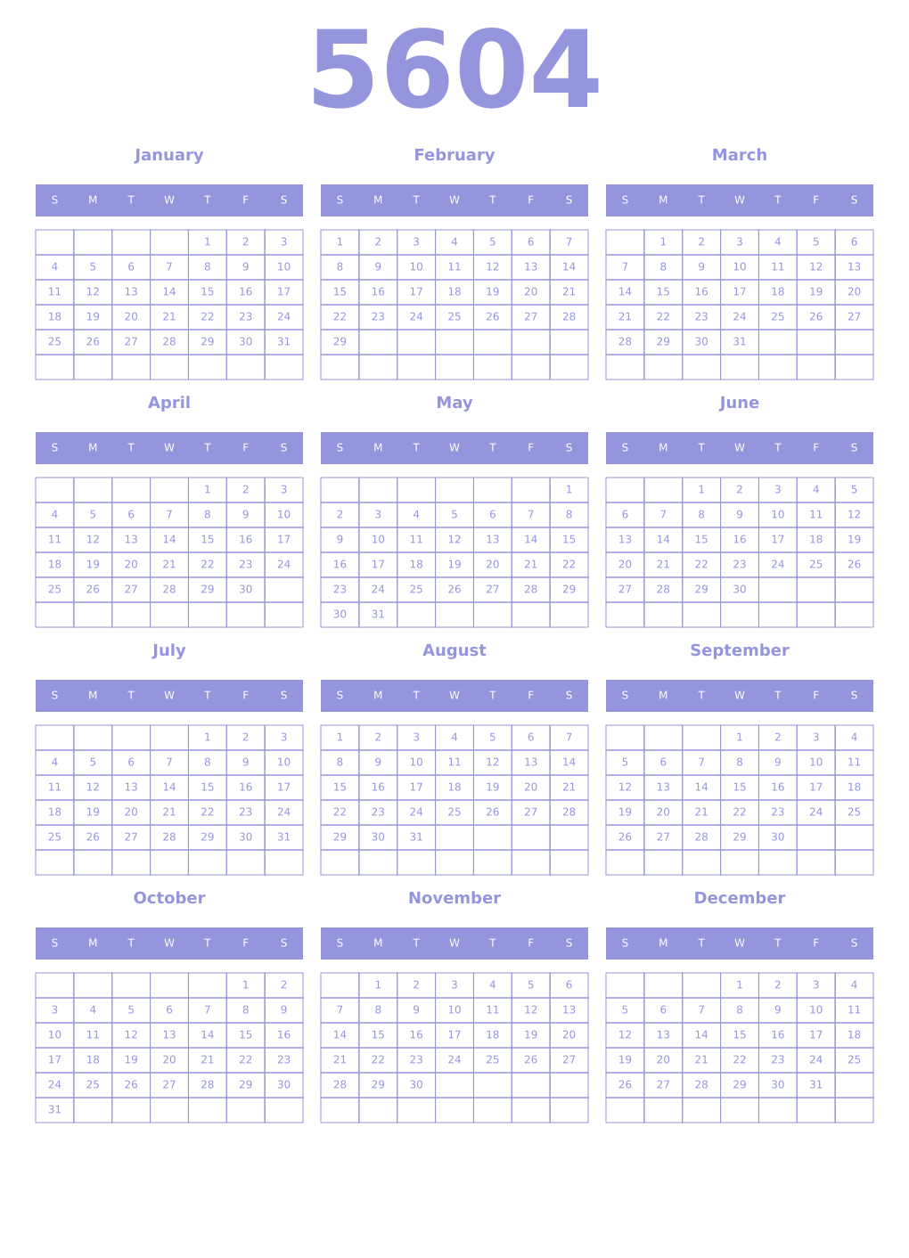 Printable 5604 Year Calendars periwinkle