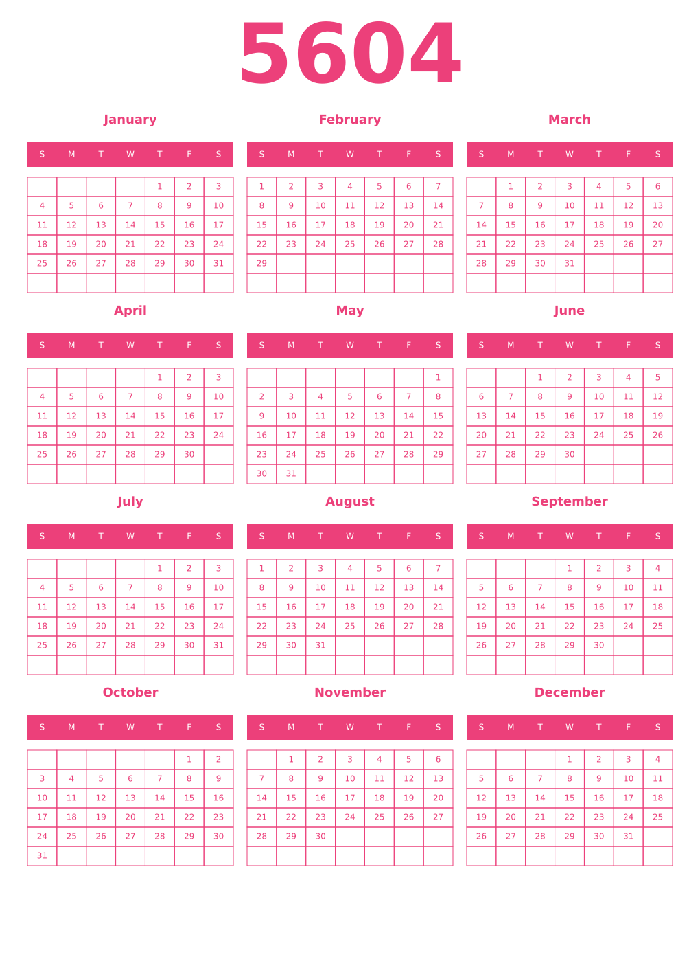 Printable 5604 Year Calendars pink