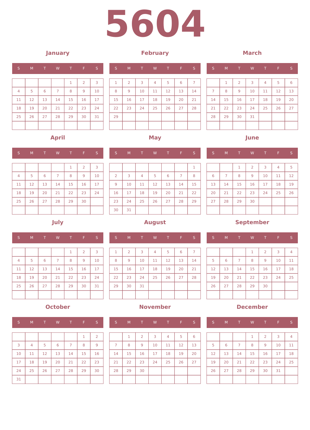 Printable 5604 Year Calendars puce