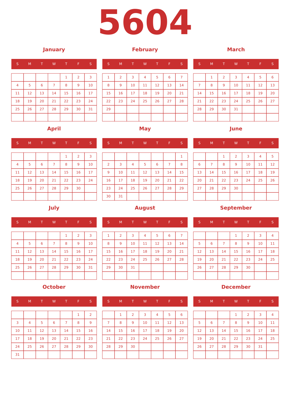 Printable 5604 Year Calendars red