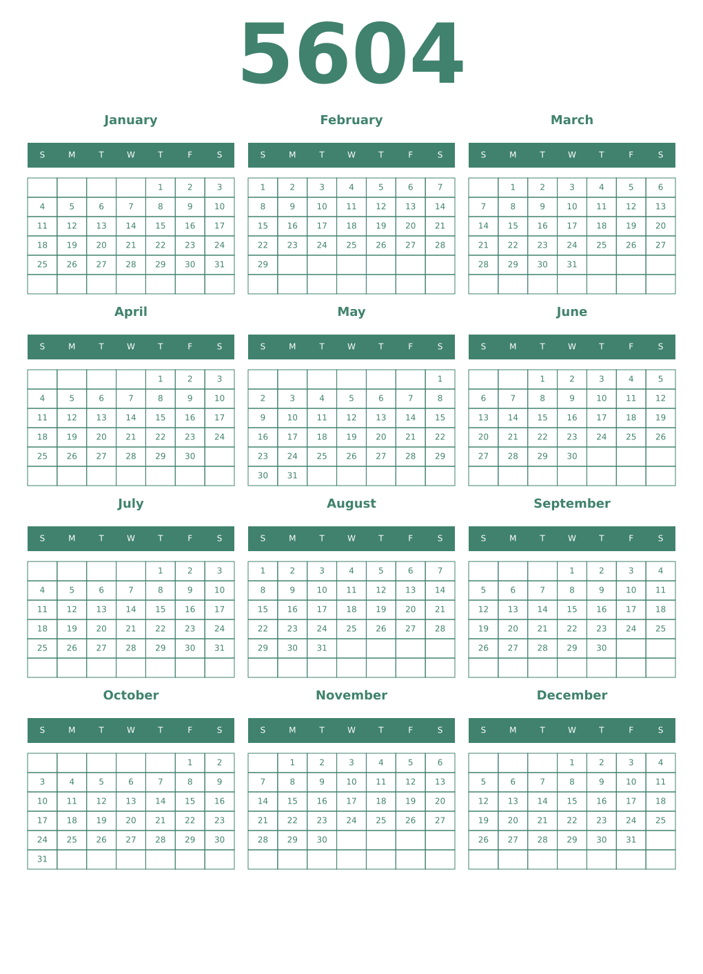 Printable 5604 Year Calendars viridian