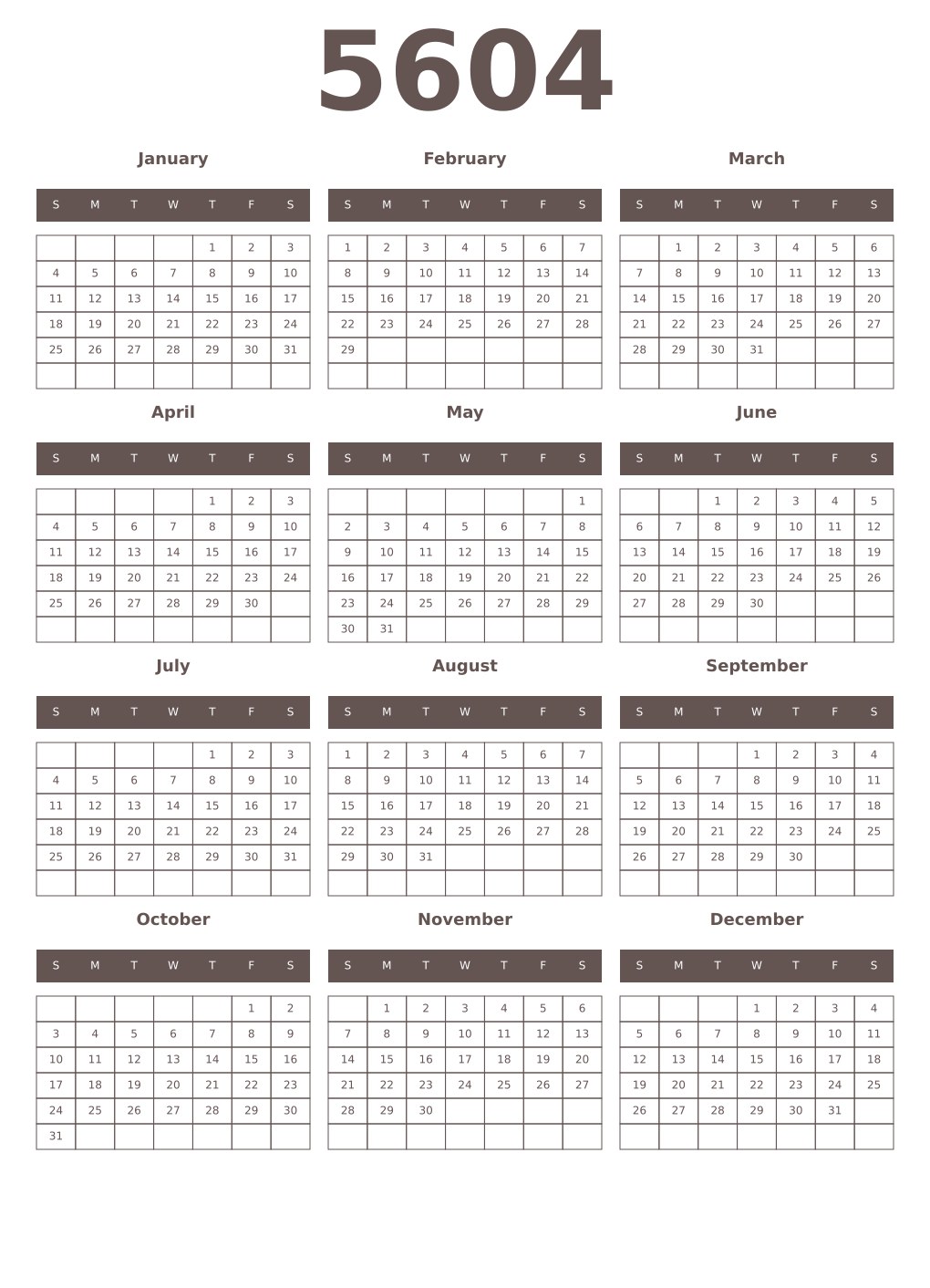 Printable 5604 Year Calendars wenge