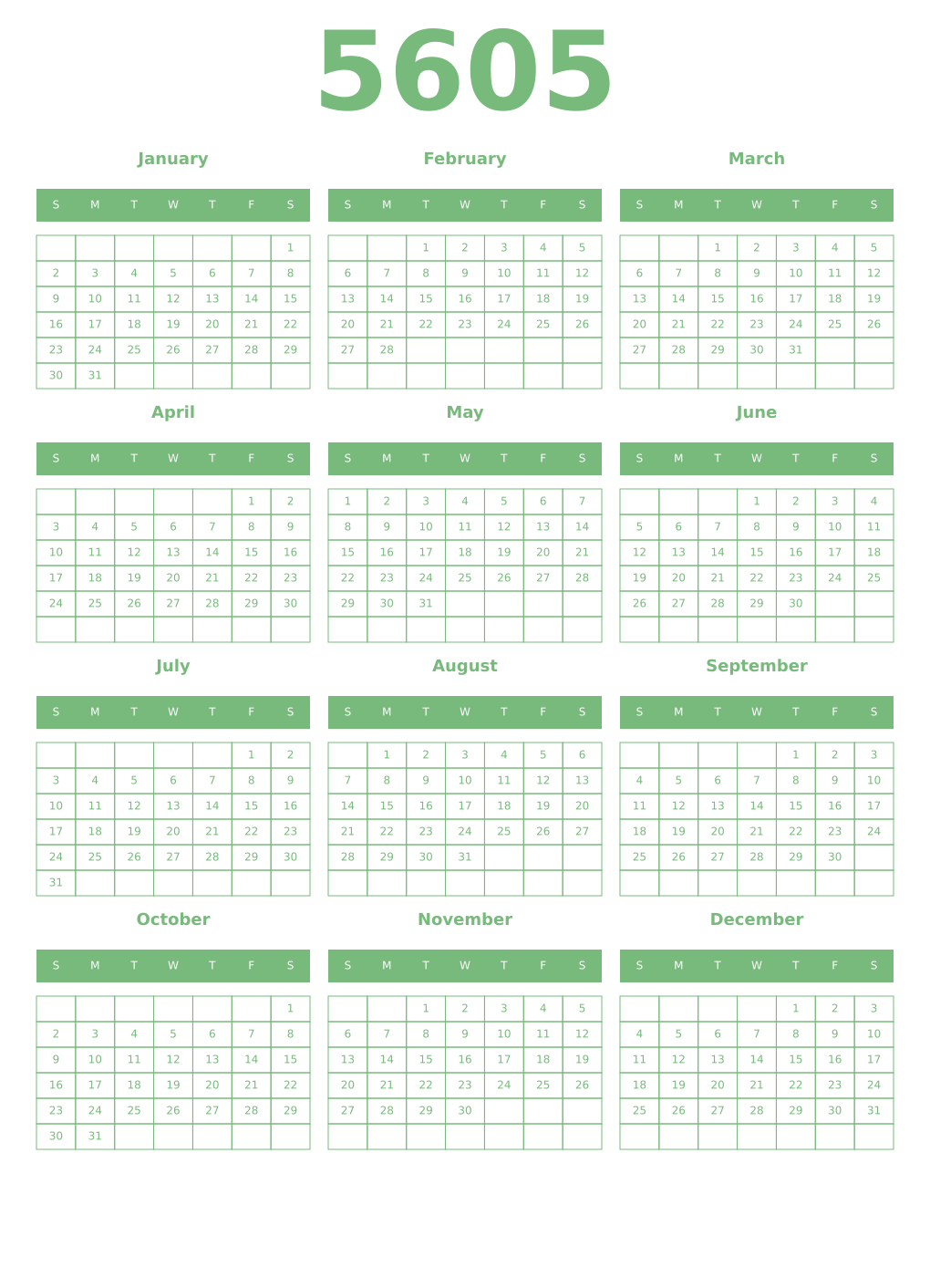 Printable 5605 Year Calendars celadon