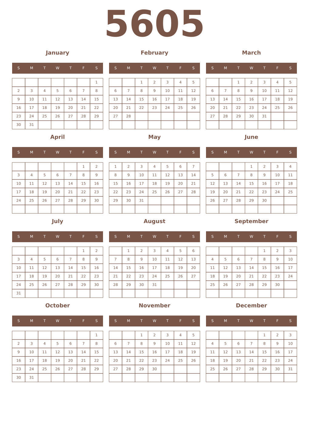 Printable 5605 Year Calendars coffe