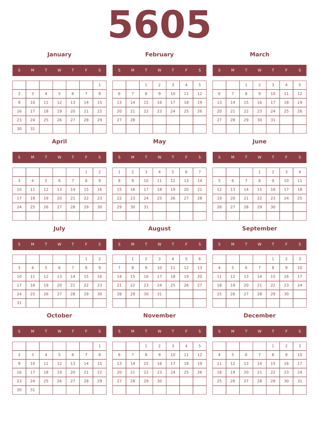 Printable 5605 Year Calendars cordovan
