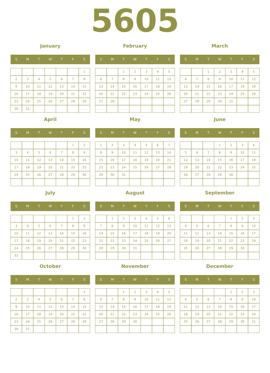 Printable 5605 Year Calendars eburnean