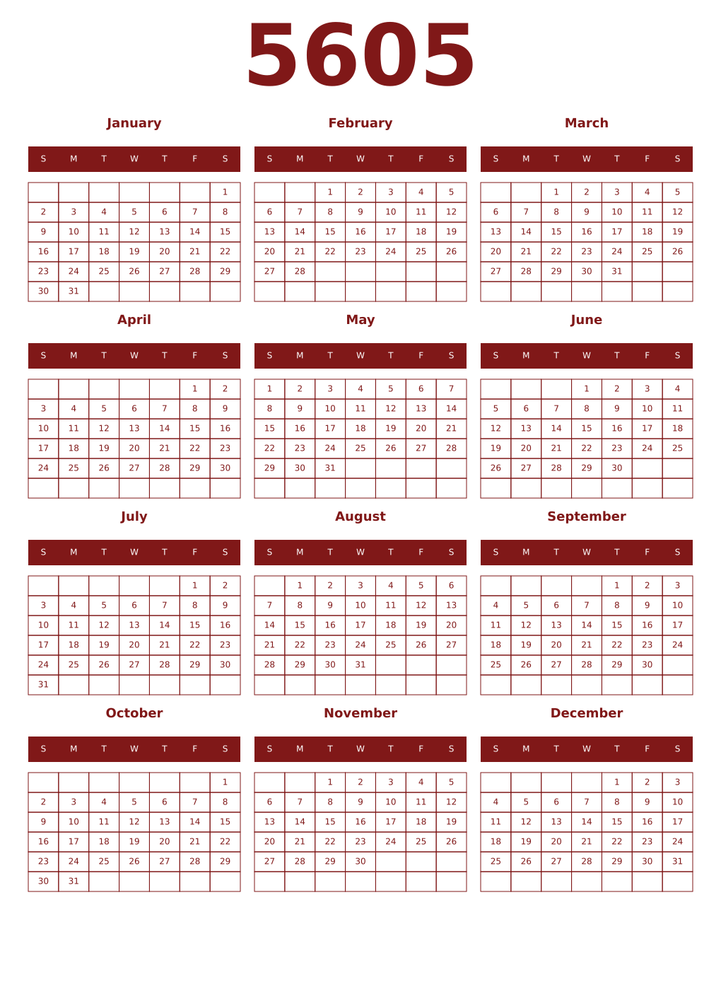 Printable 5605 Year Calendars falu