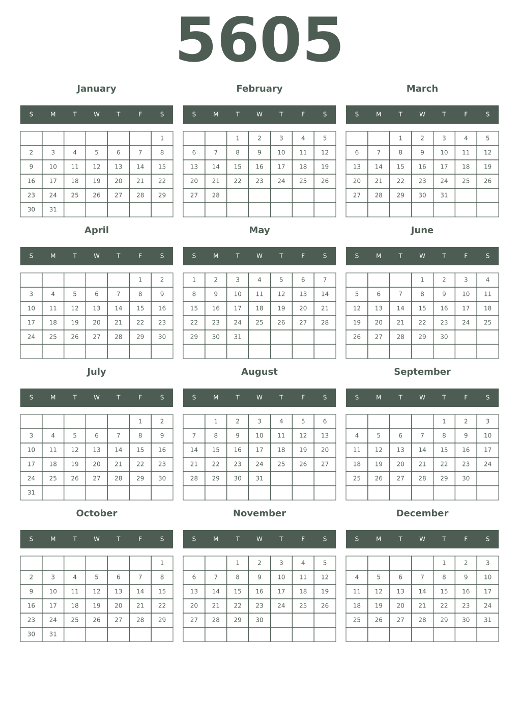 Printable 5605 Year Calendars feldgrau