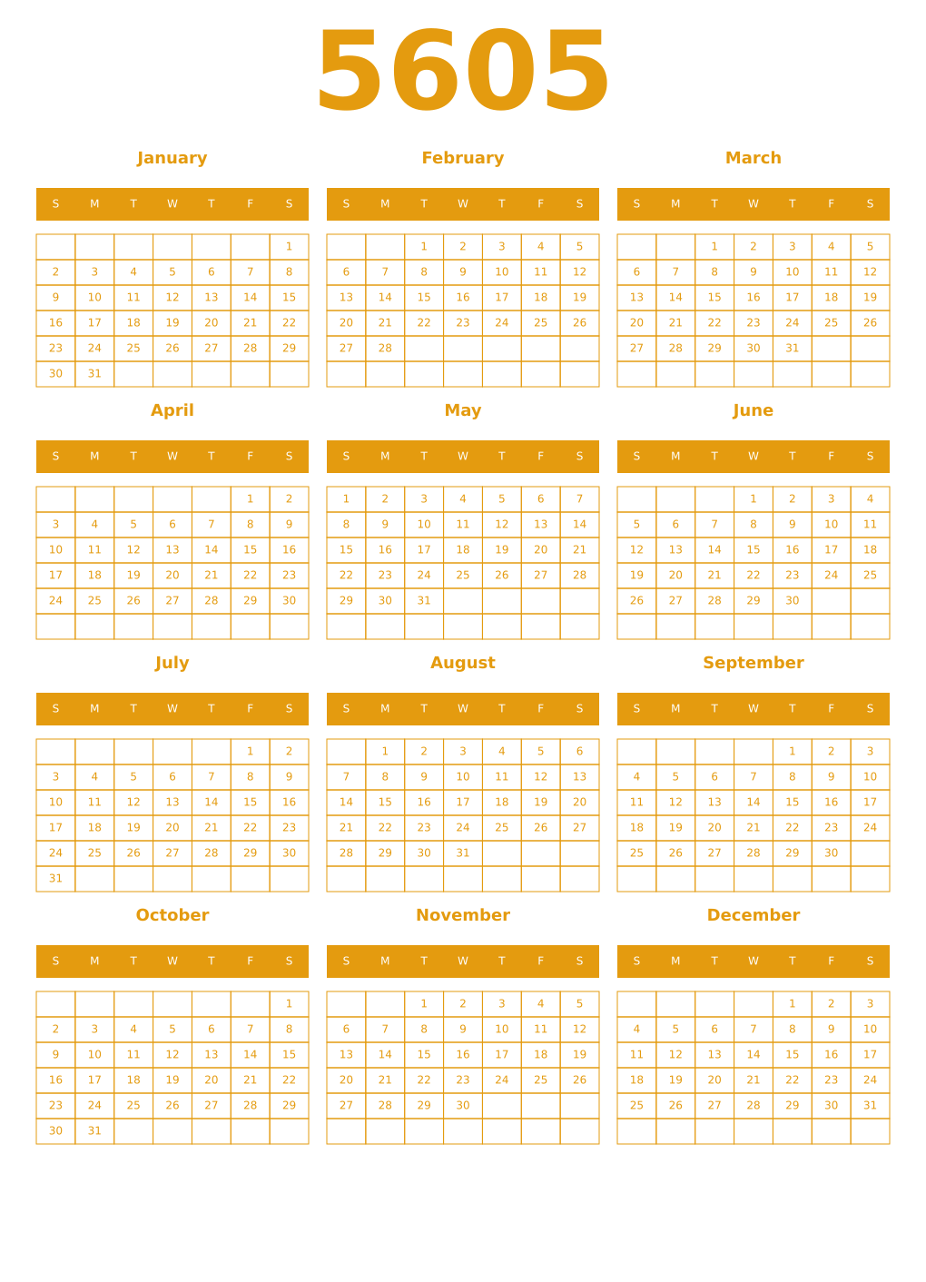 Printable 5605 Year Calendars gamboge