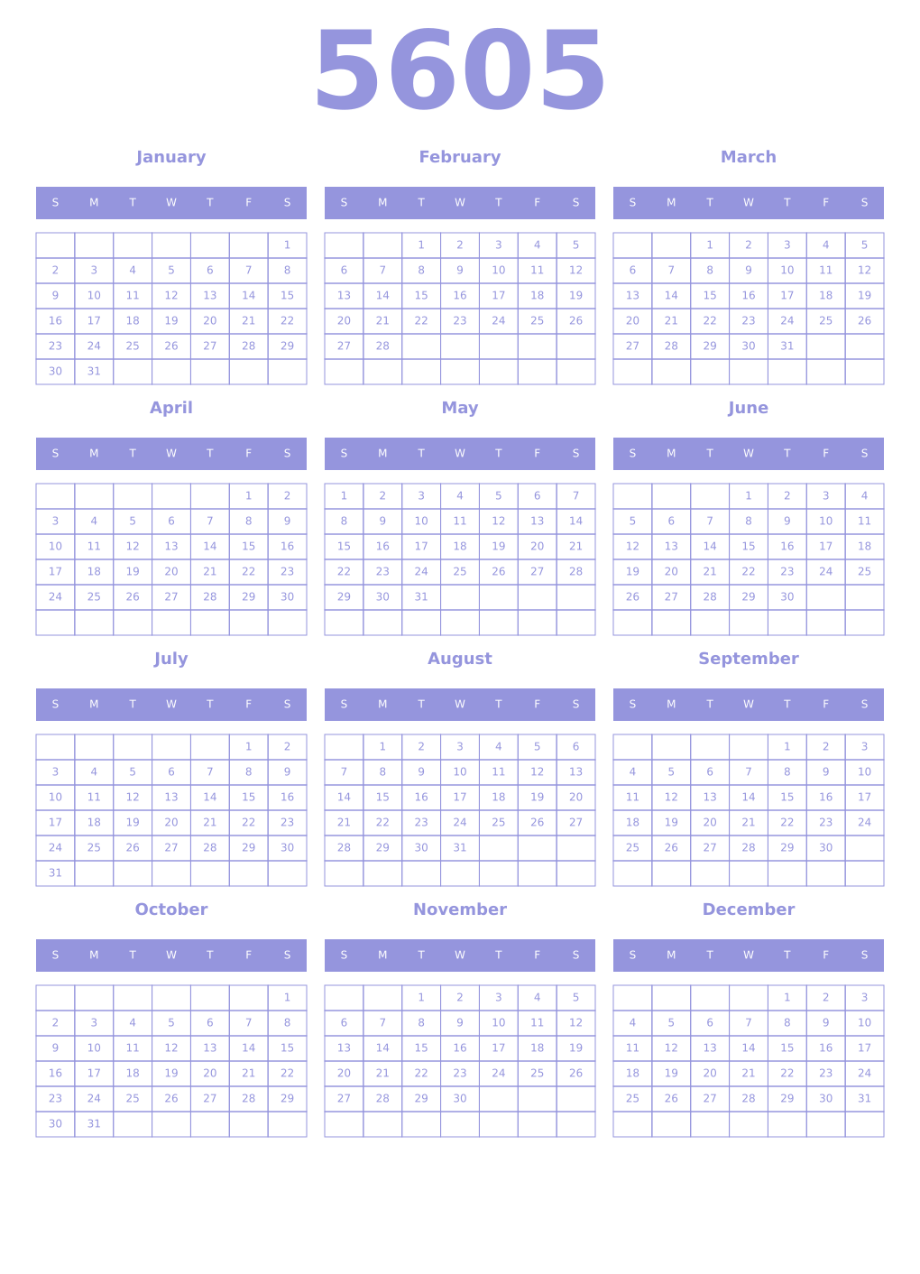 Printable 5605 Year Calendars periwinkle
