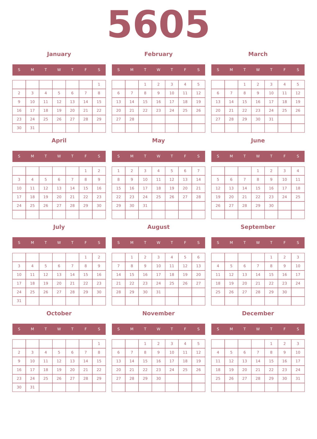 Printable 5605 Year Calendars puce