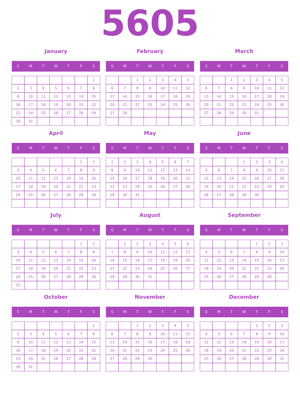 Printable 5605 Year Calendars purple