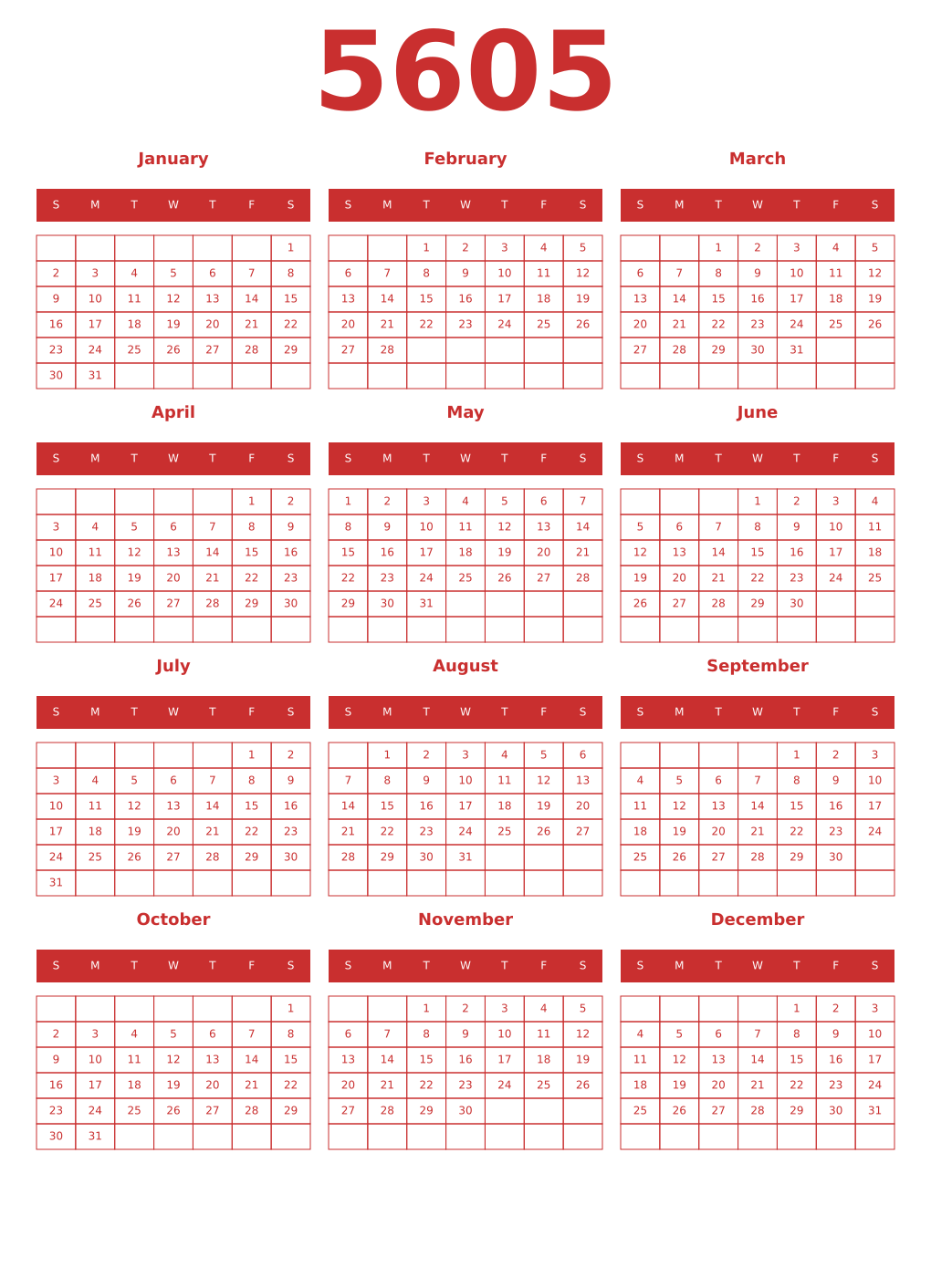 Printable 5605 Year Calendars red