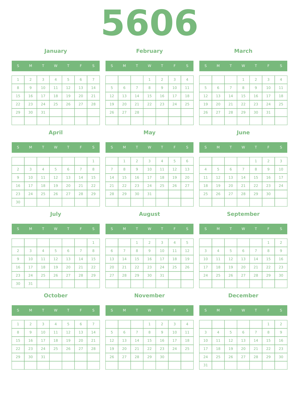Printable 5606 Year Calendars celadon