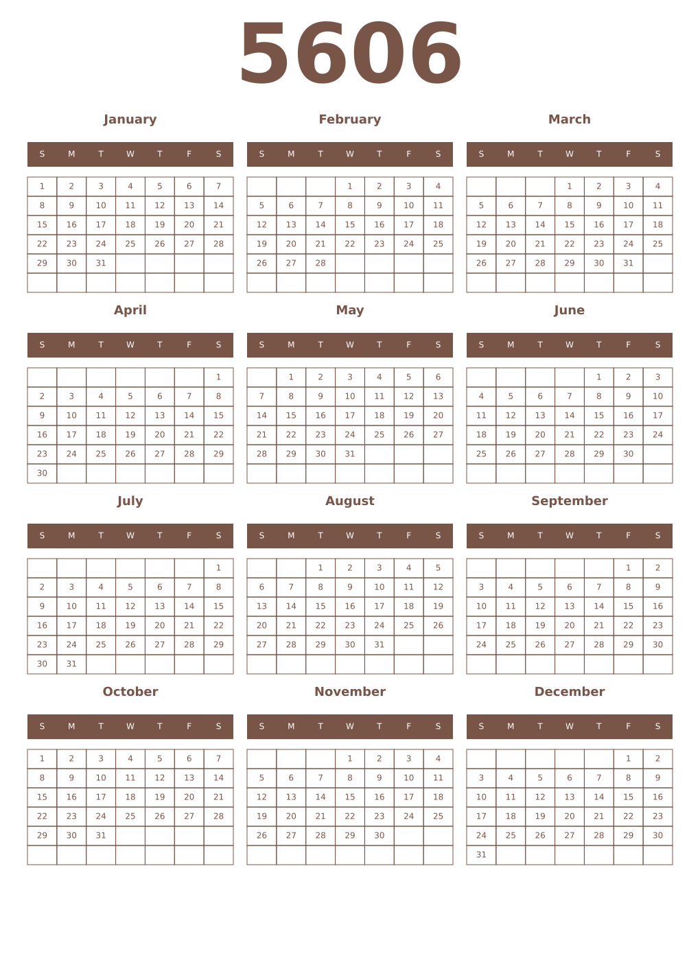 Printable 5606 Year Calendars coffe