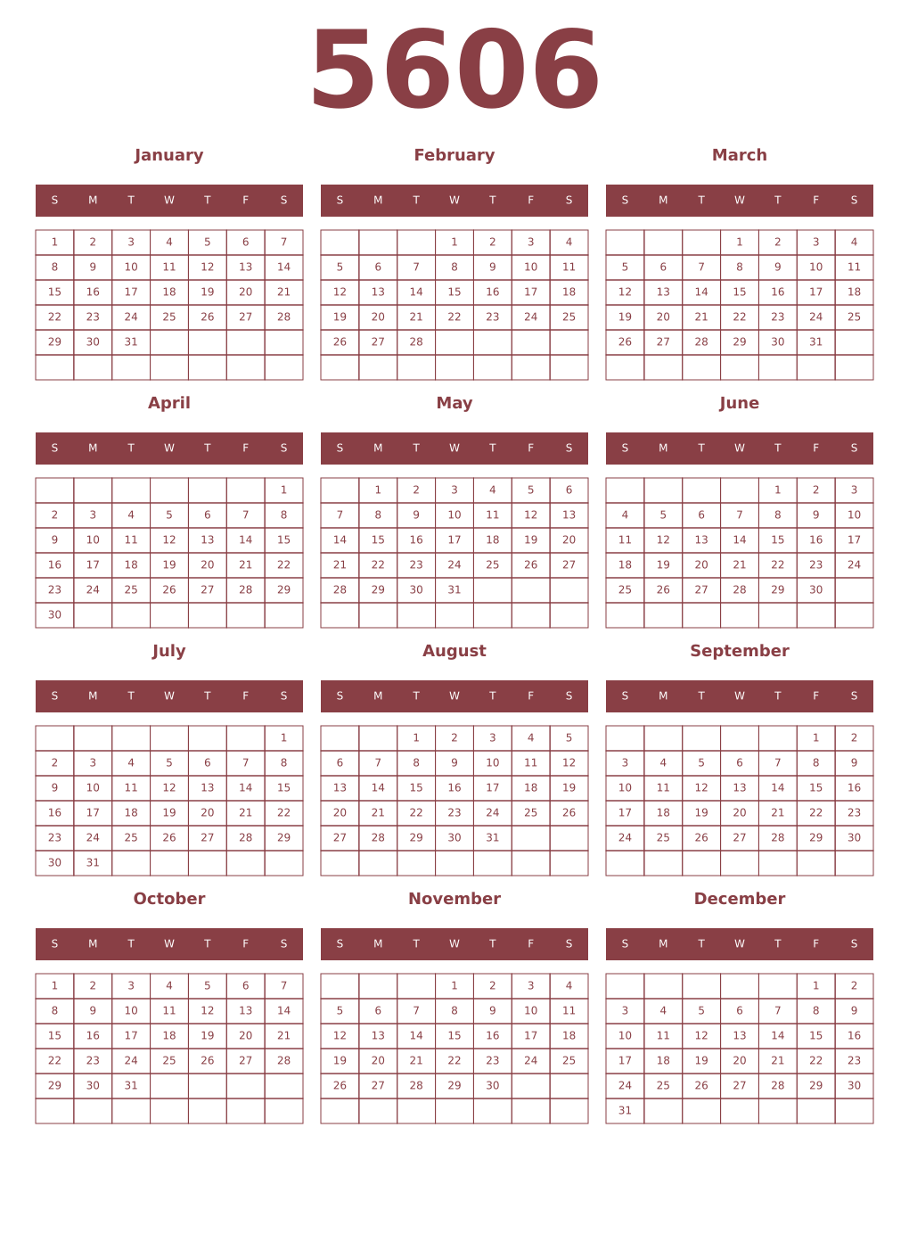 Printable 5606 Year Calendars cordovan