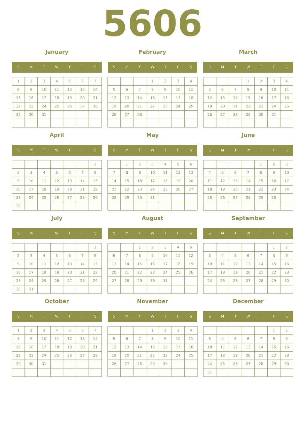 Printable 5606 Year Calendars eburnean