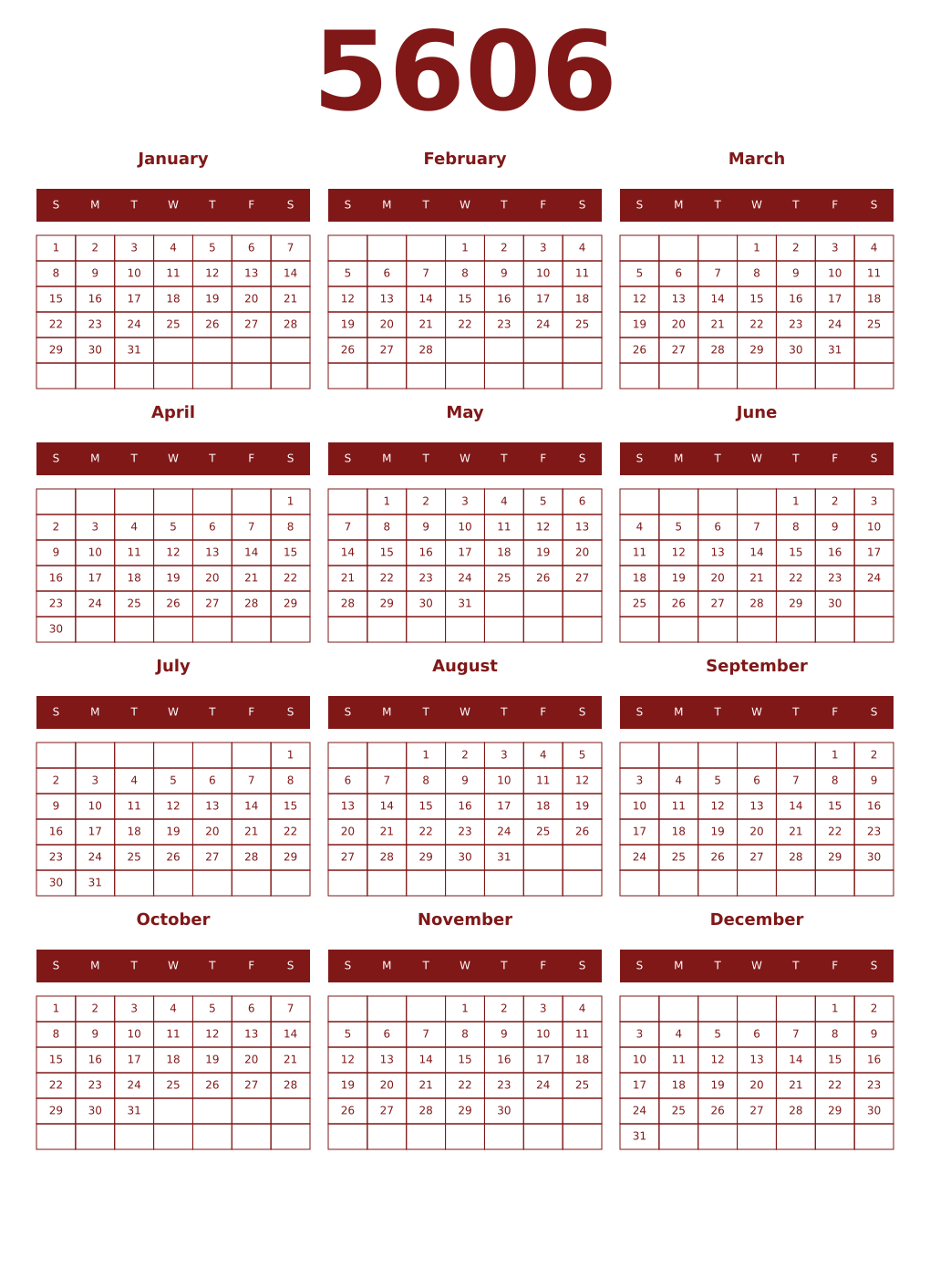 Printable 5606 Year Calendars falu