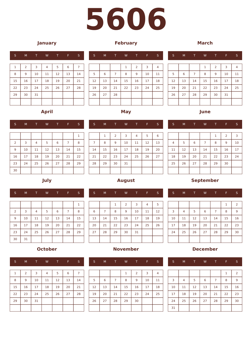 Printable 5606 Year Calendars mortuum