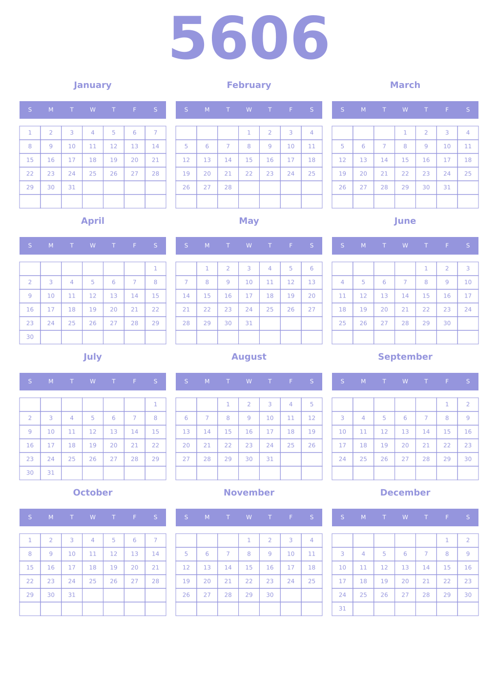 Printable 5606 Year Calendars periwinkle
