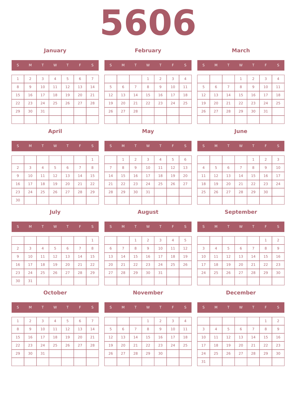 Printable 5606 Year Calendars puce