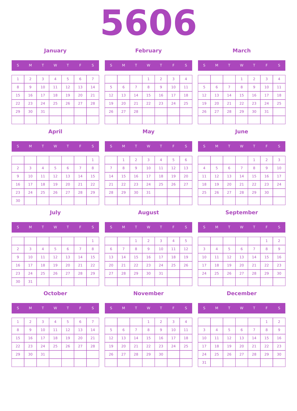 Printable 5606 Year Calendars purple