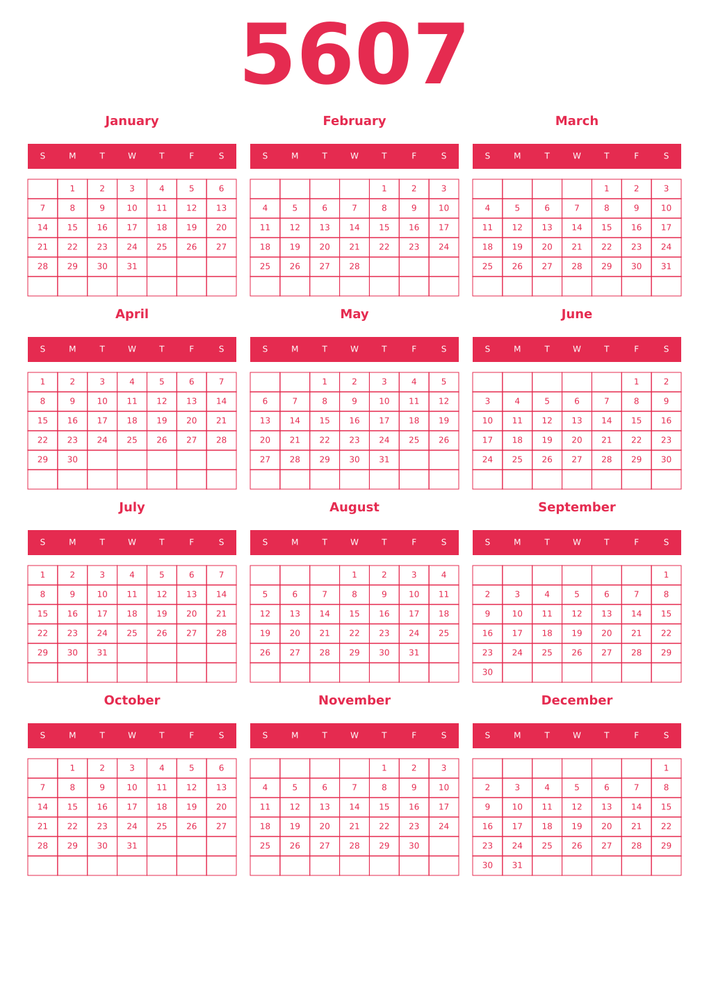 Printable 5607 Year Calendars amaranth