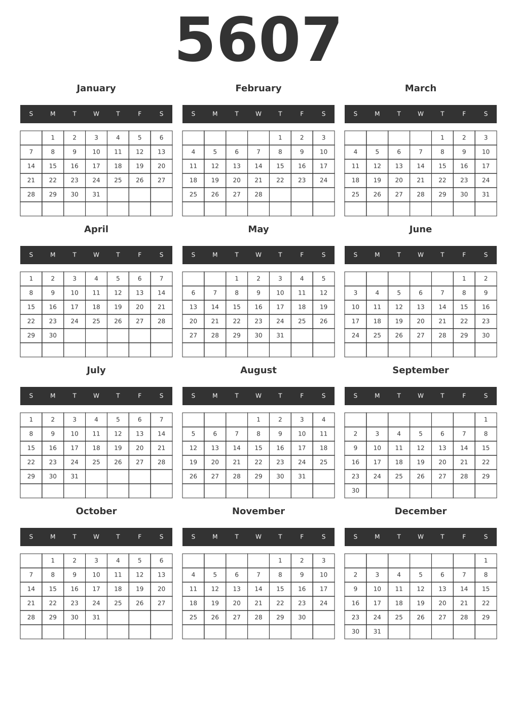 Printable 5607 Year Calendars dark