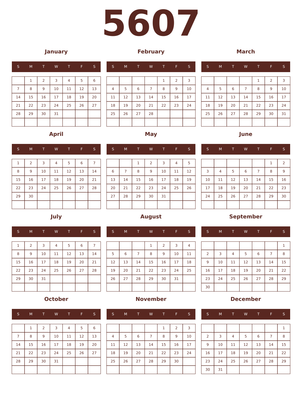 Printable 5607 Year Calendars mortuum