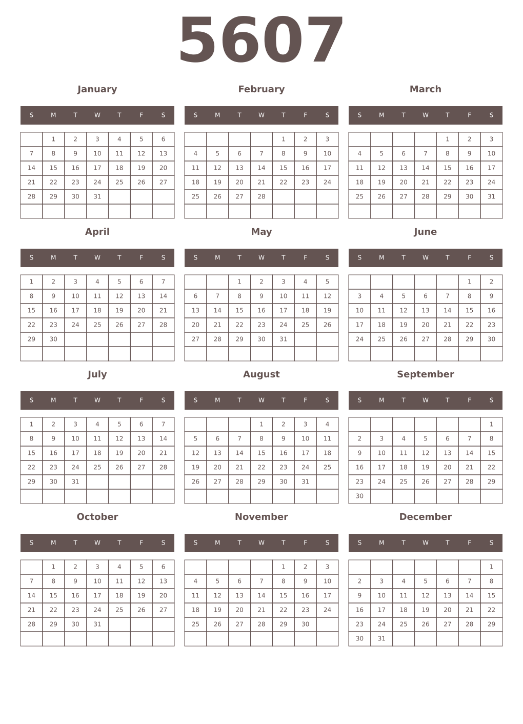 Printable 5607 Year Calendars wenge
