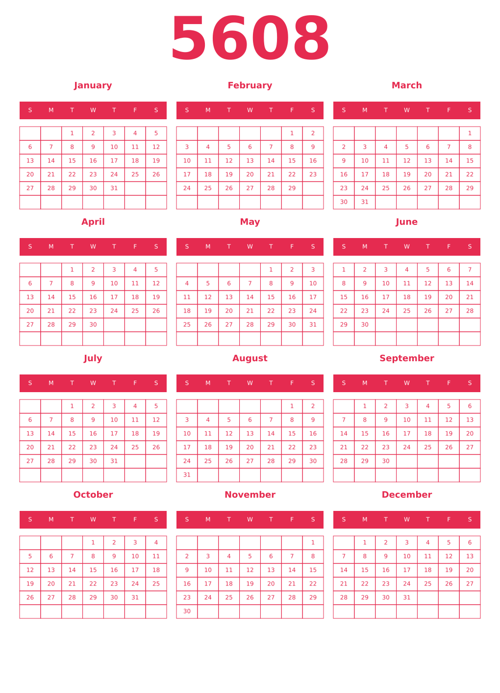 Printable 5608 Year Calendars amaranth
