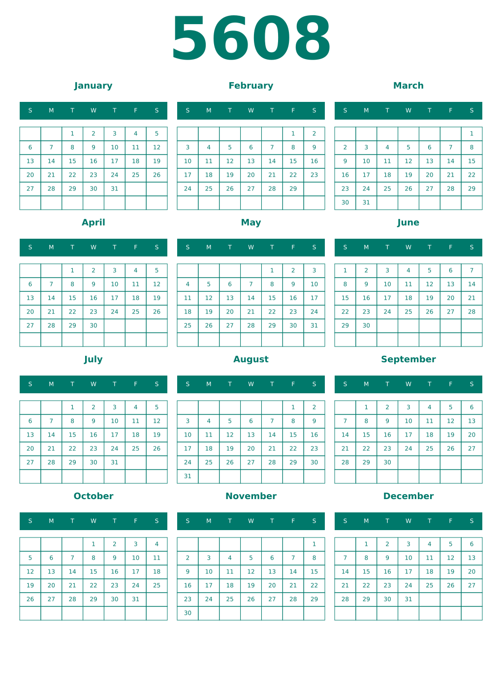 Printable 5608 Year Calendars pastel