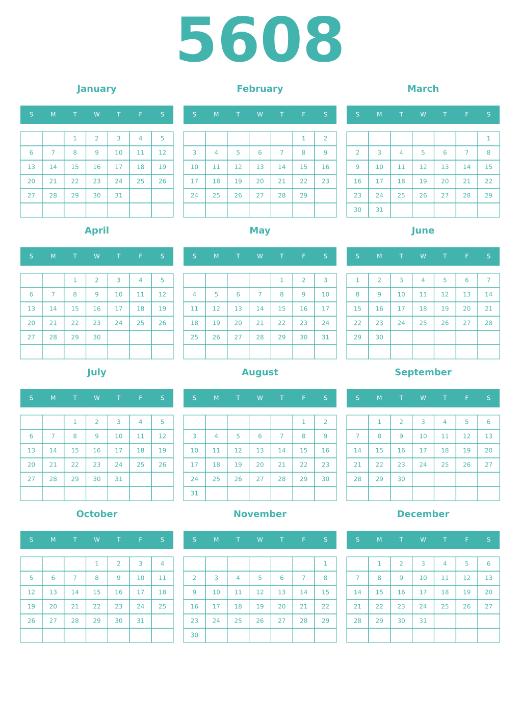 Printable 5608 Year Calendars verdigris