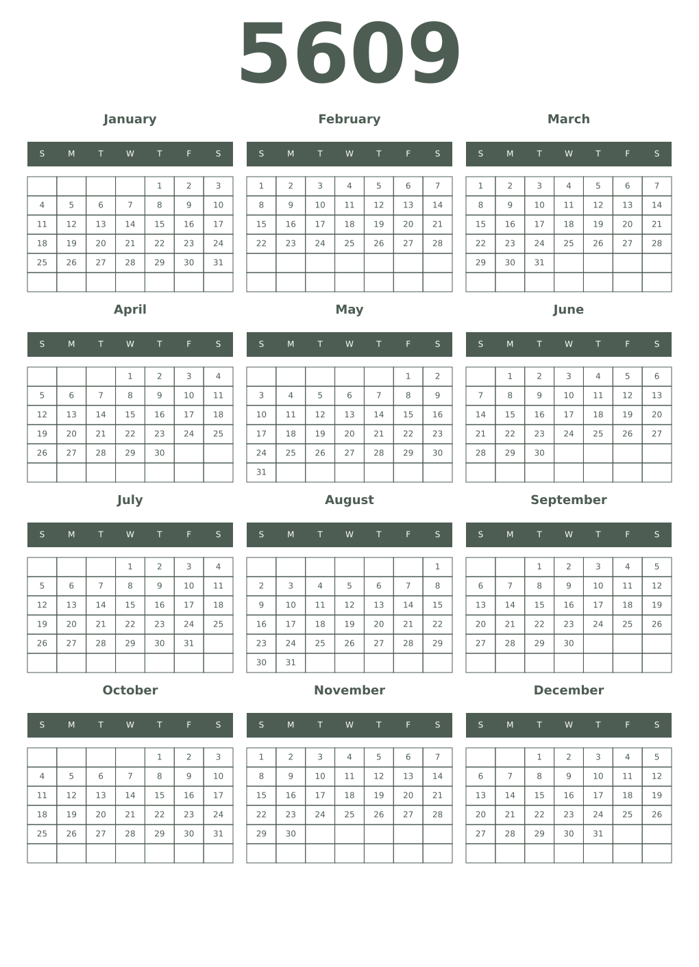 Printable 5609 Year Calendars feldgrau