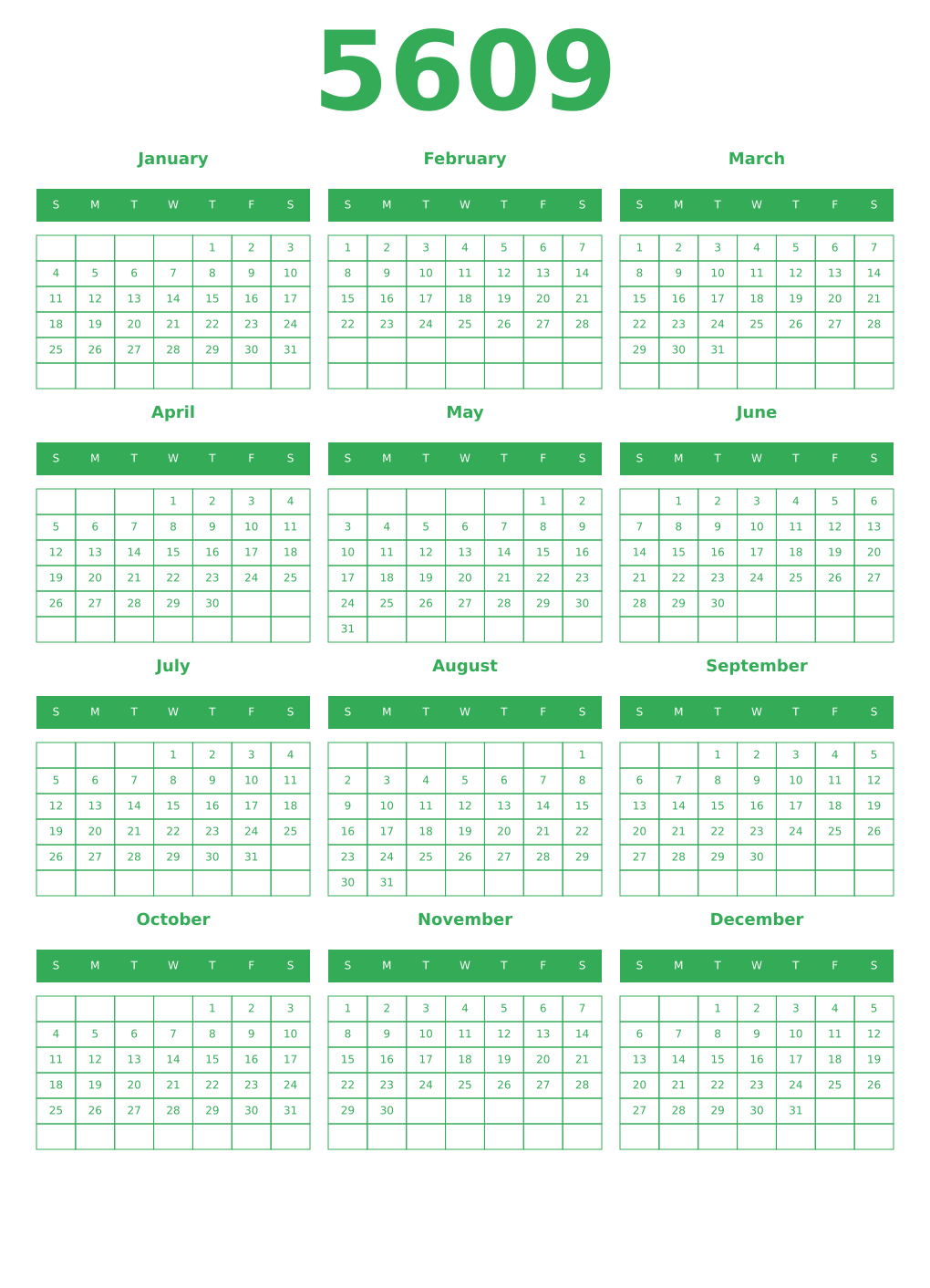 Printable 5609 Year Calendars green