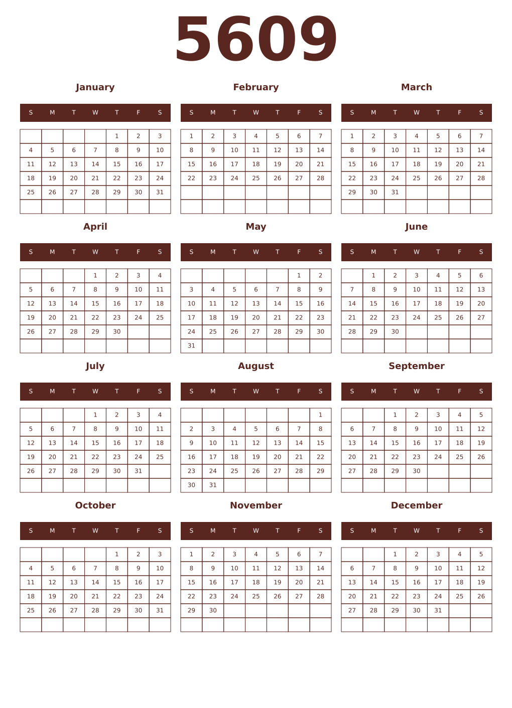 Printable 5609 Year Calendars mortuum