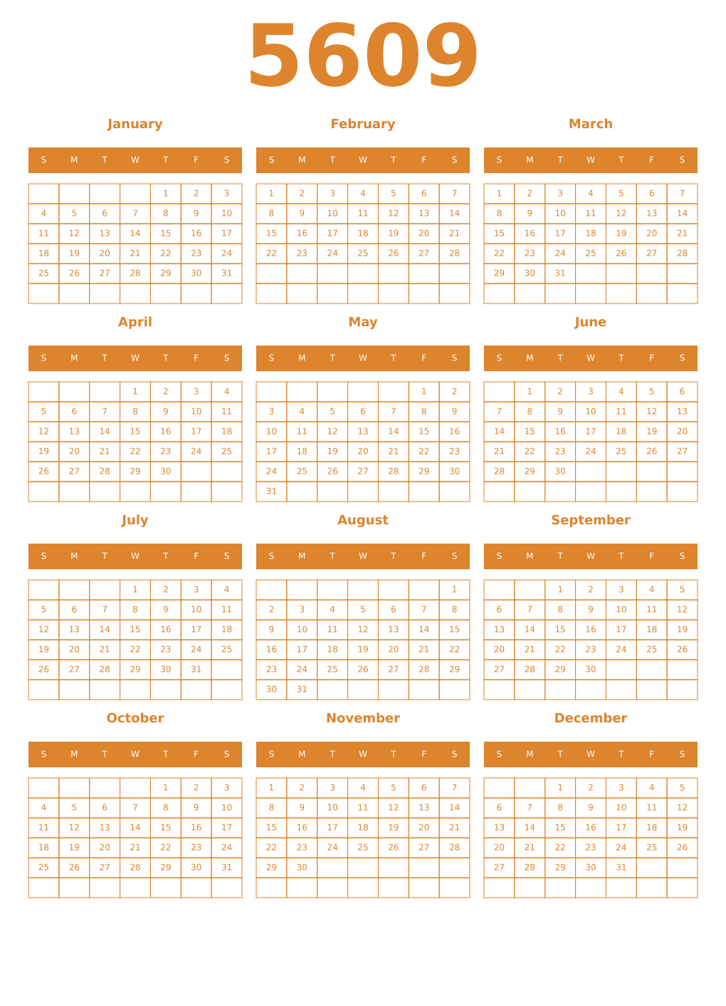Printable 5609 Year Calendars orange