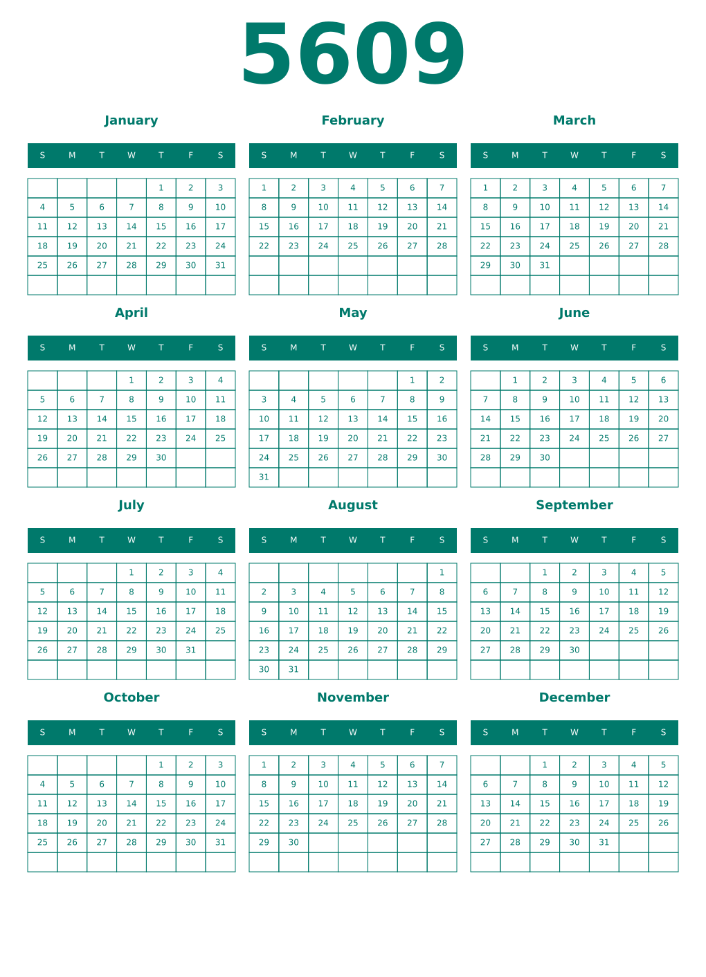 Printable 5609 Year Calendars pastel