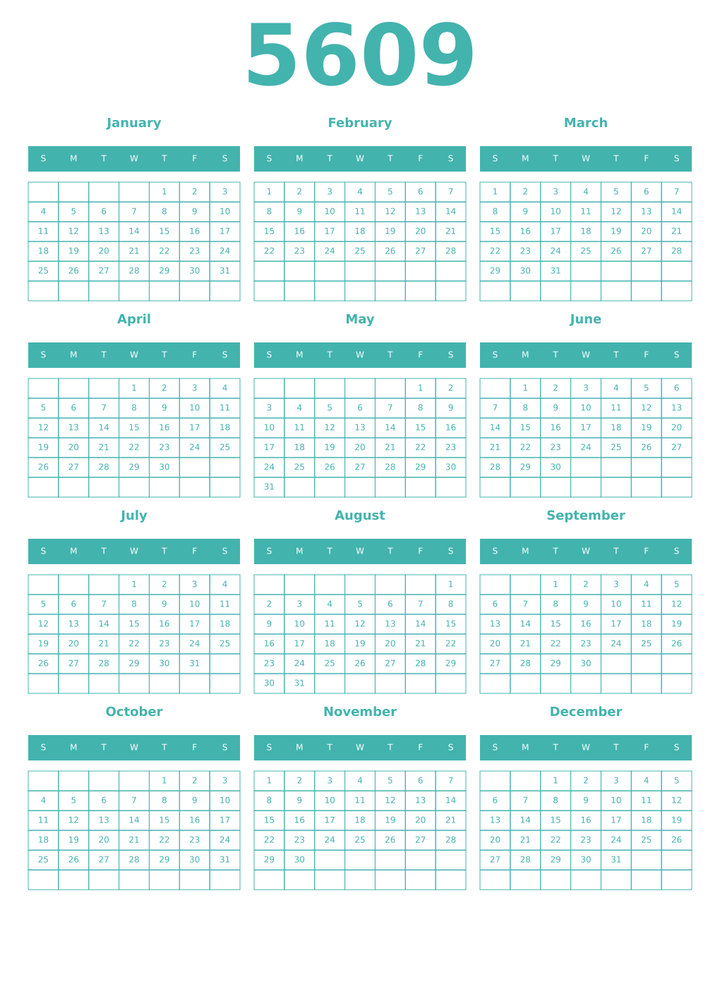 Printable 5609 Year Calendars verdigris
