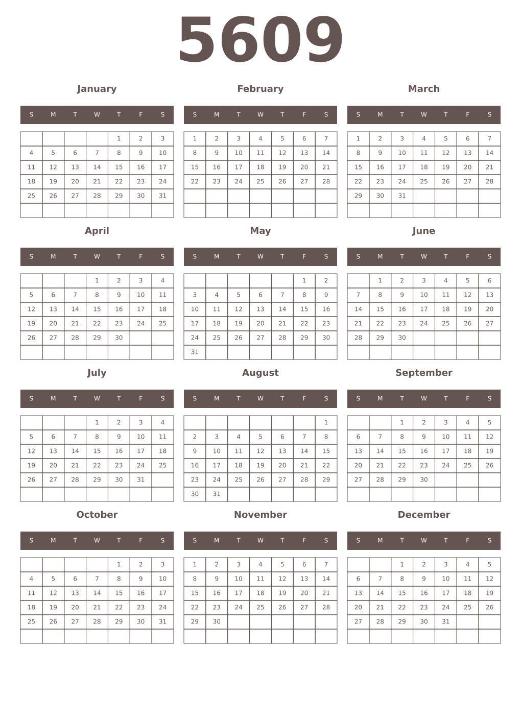 Printable 5609 Year Calendars wenge