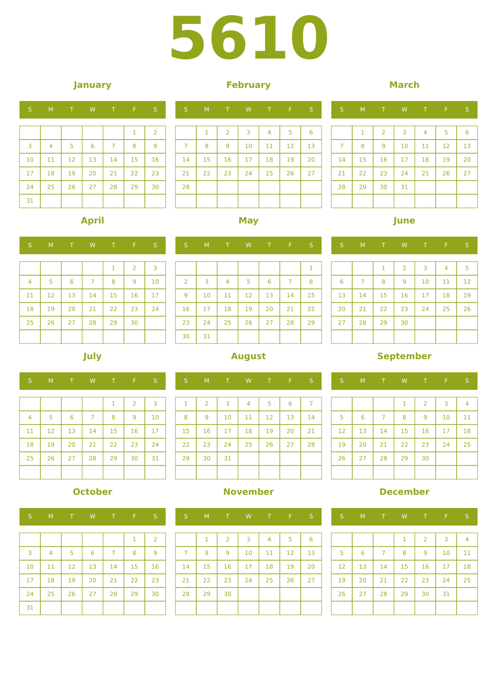 Printable 5610 Year Calendars chartreuse