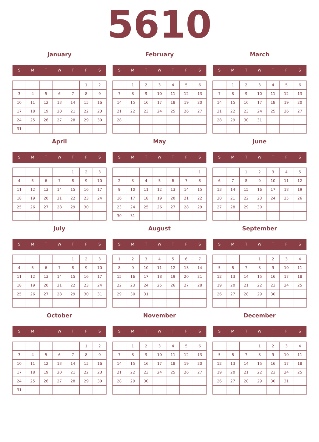 Printable 5610 Year Calendars cordovan