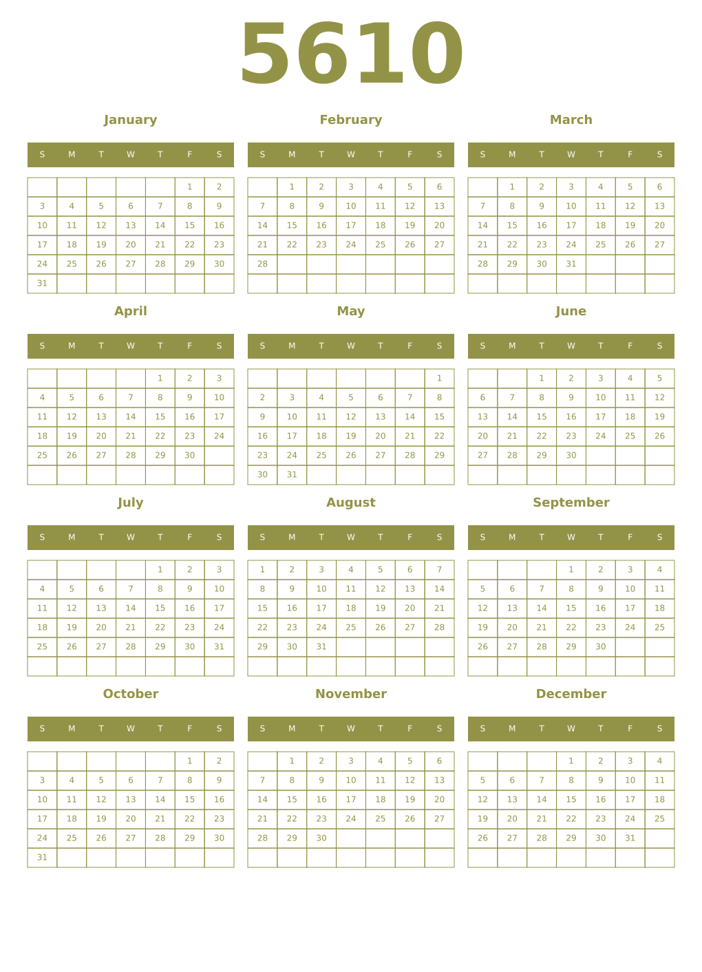 Printable 5610 Year Calendars eburnean