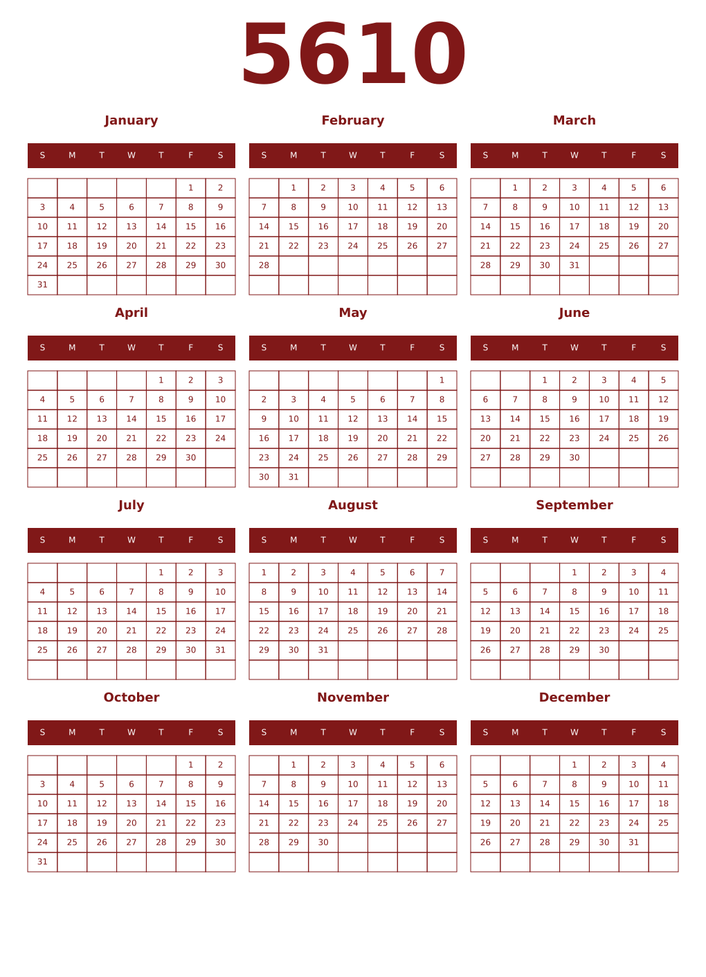 Printable 5610 Year Calendars falu