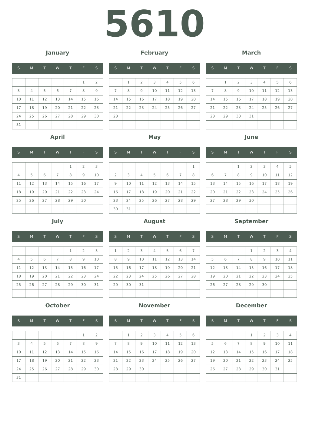 Printable 5610 Year Calendars feldgrau